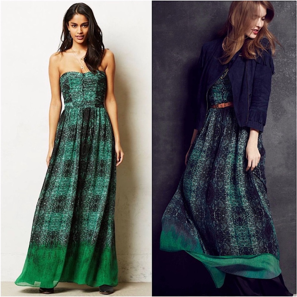 NWT ANTHRO MOULINETTE SOEURS Green Snakeskin Print Full Skirt Maxi Dress Size 0